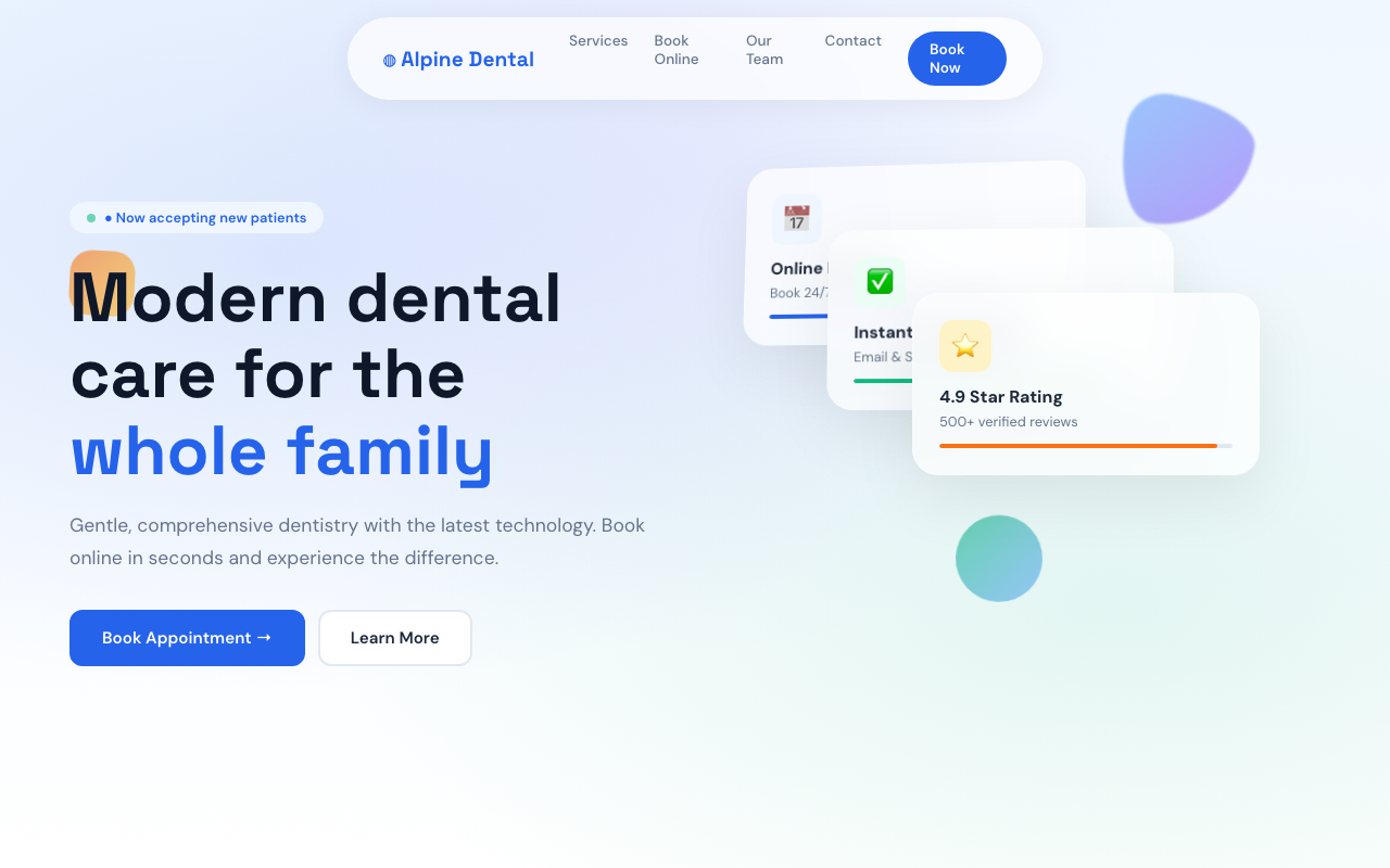 Alpine Family Dentistry — glassmorphism navigation dental website