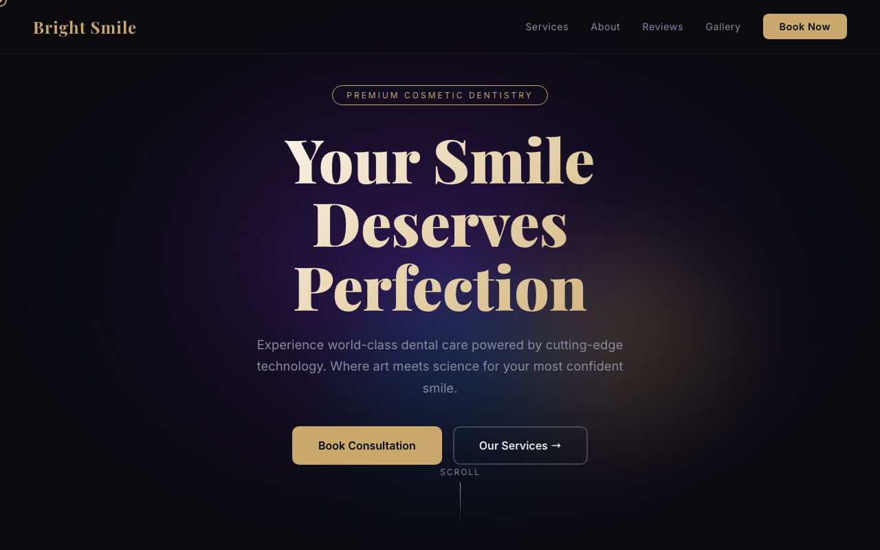 Bright Smile Dental — dark premium dental website design