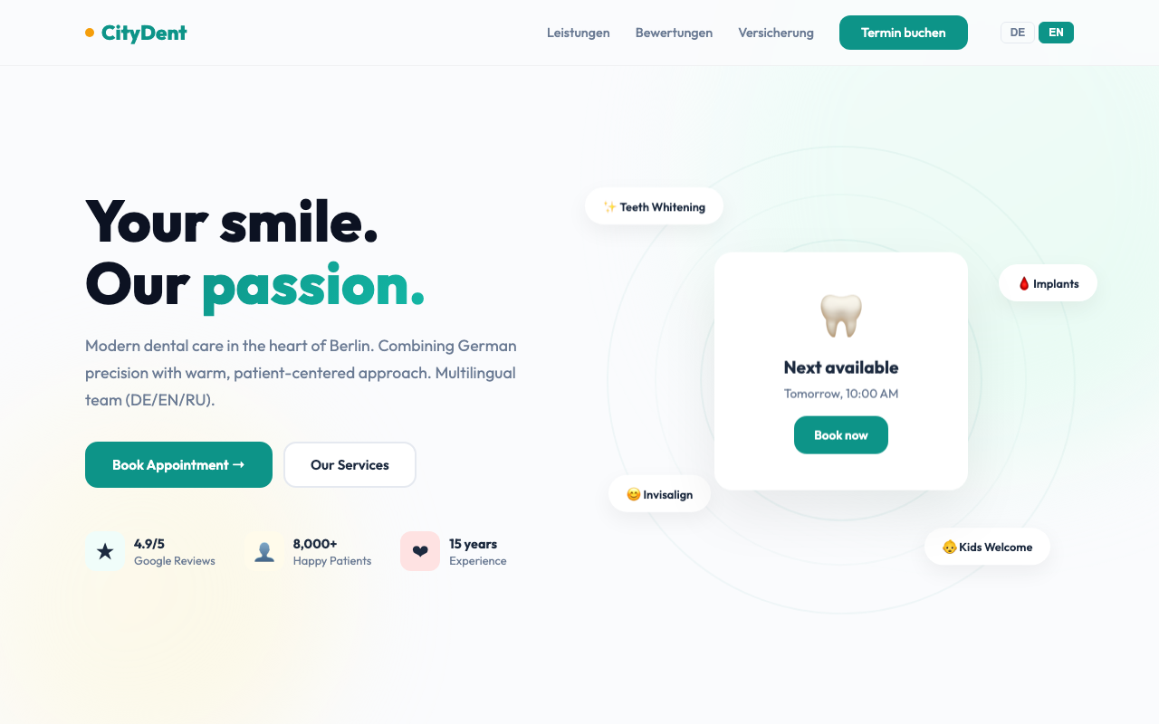 CityDent Clinic — bento grid layout dental website